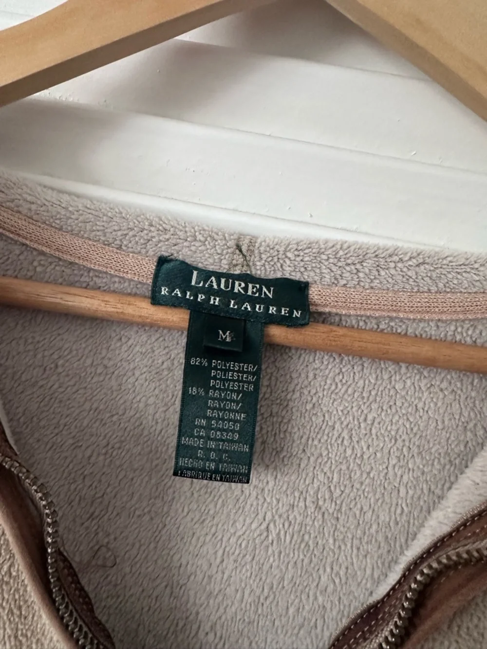 Ralph Lauren Fleece quarter-zip hoodie, tan, leather RL patch at hem, Medium